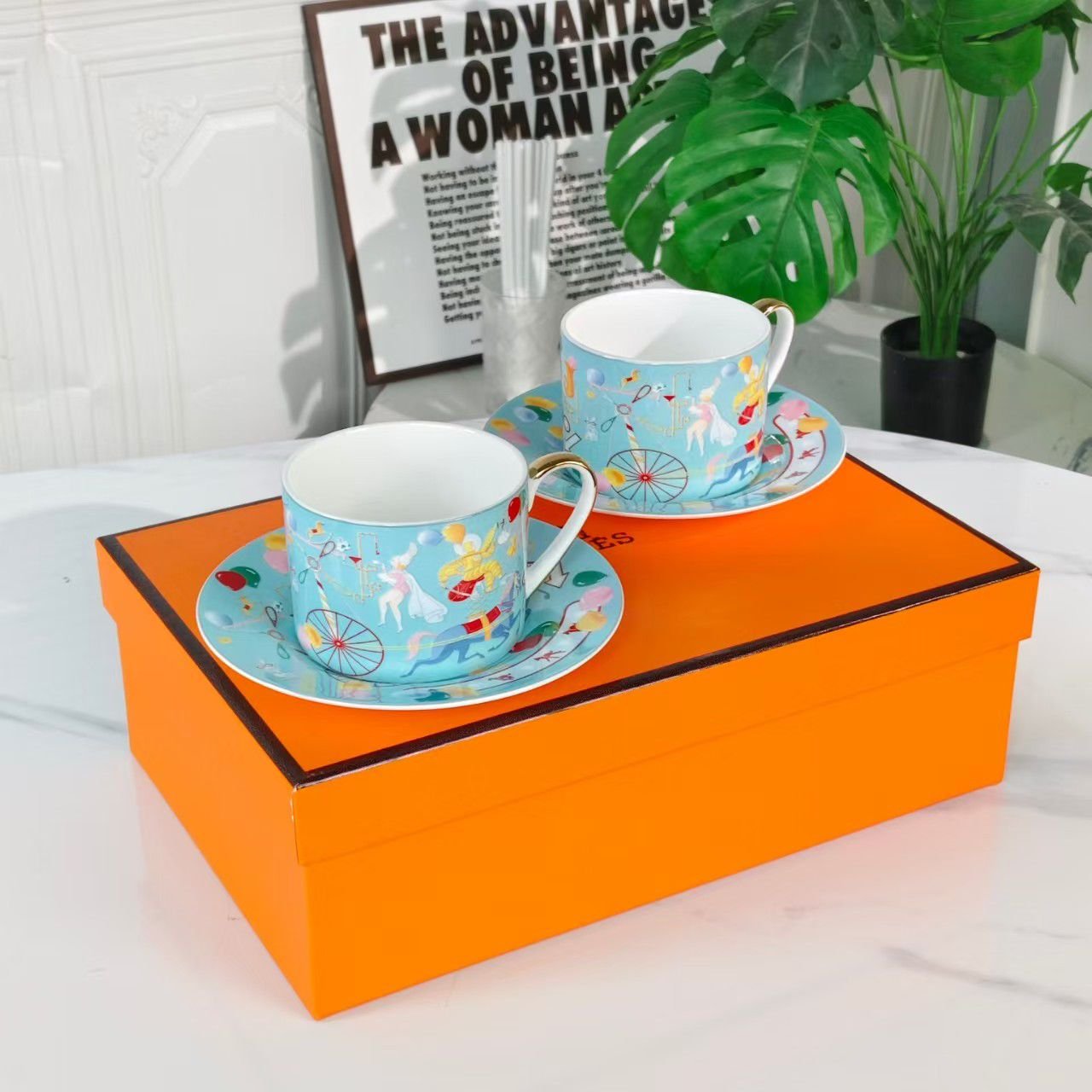Hermes Blue Tea set of two cups plus saucers